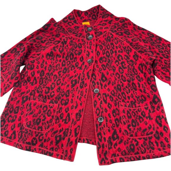 Ruby Rd. Woman Red & Black Leopard Print Wool Cardigan Jacket 1X Button - Picture 2 of 6